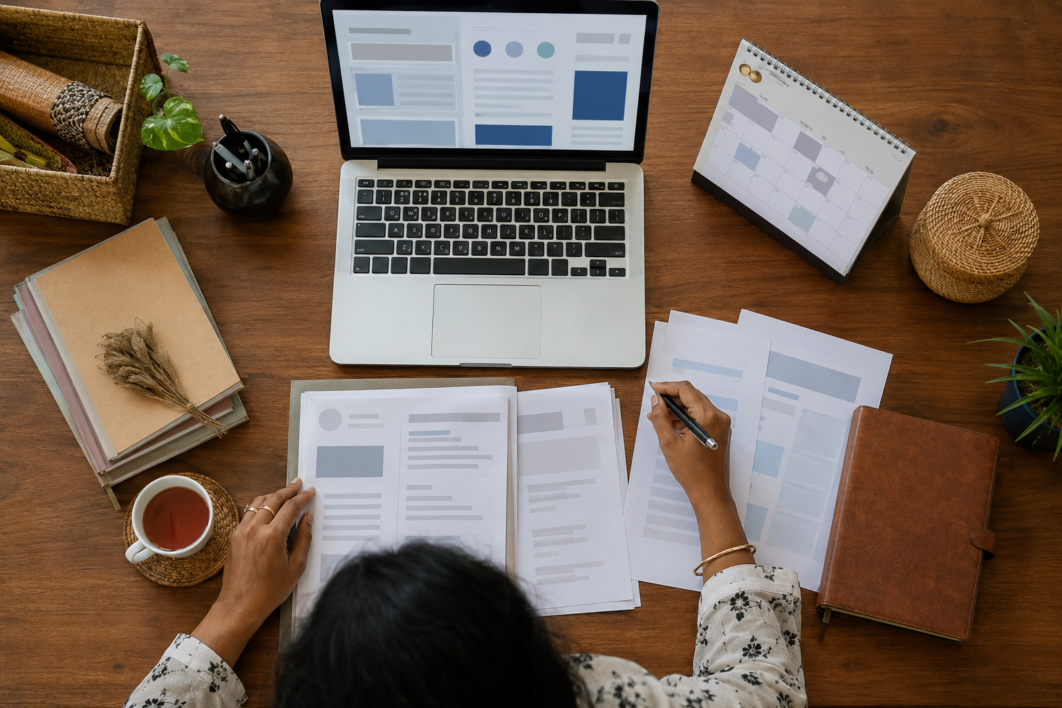 Business owner reviewing an opportunity application, calendar and planning documents
