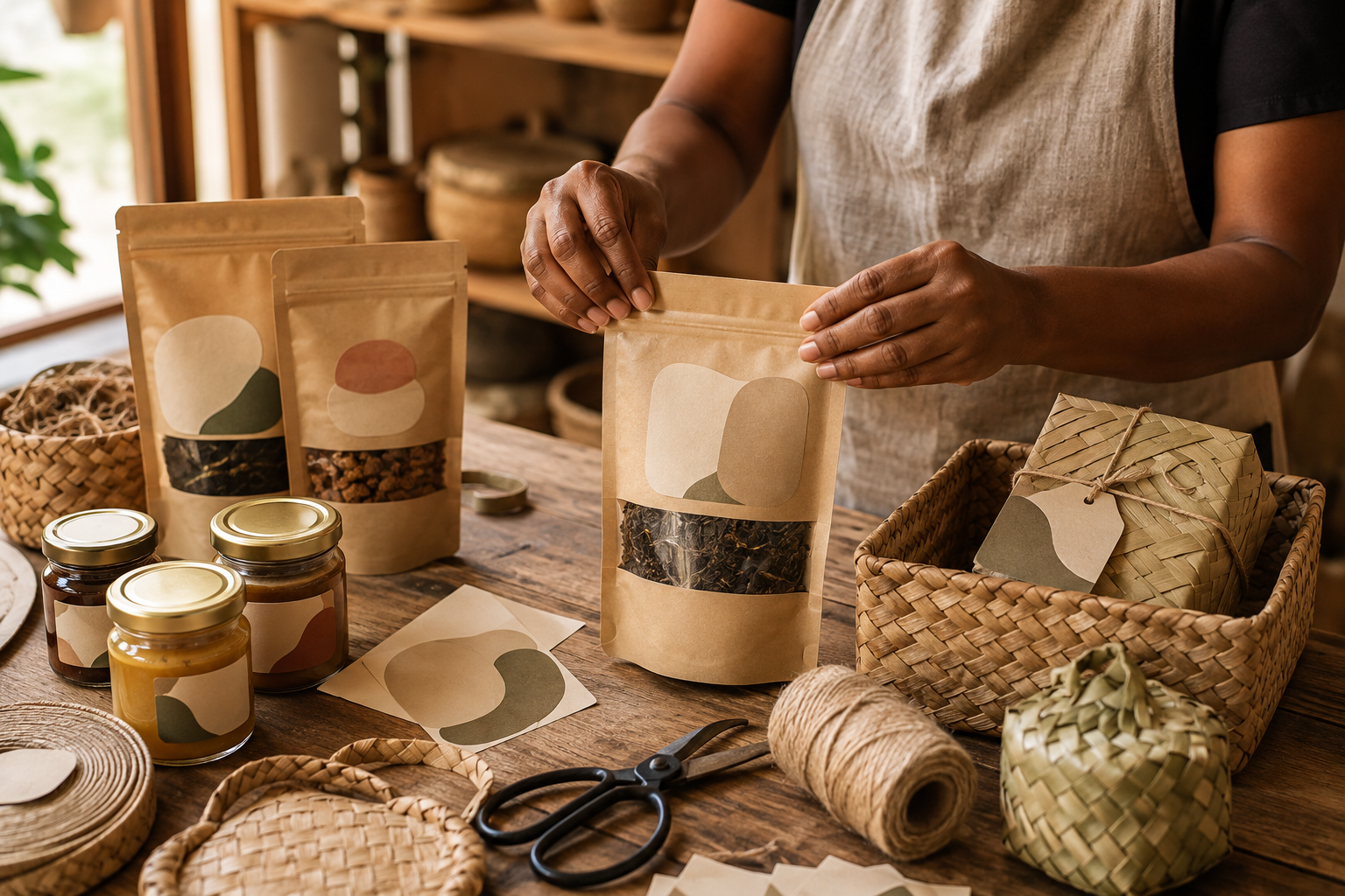 Hands arranging professionally packaged local food and craft products